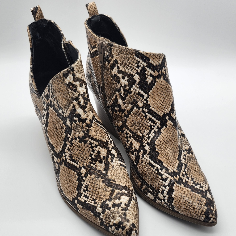 Qupid Tan and Black Snakeskin Ankle Booties